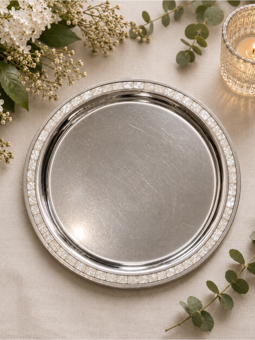 Vintage Towle Silversmith Round Tray w/Mother-of-Pearl Inlay